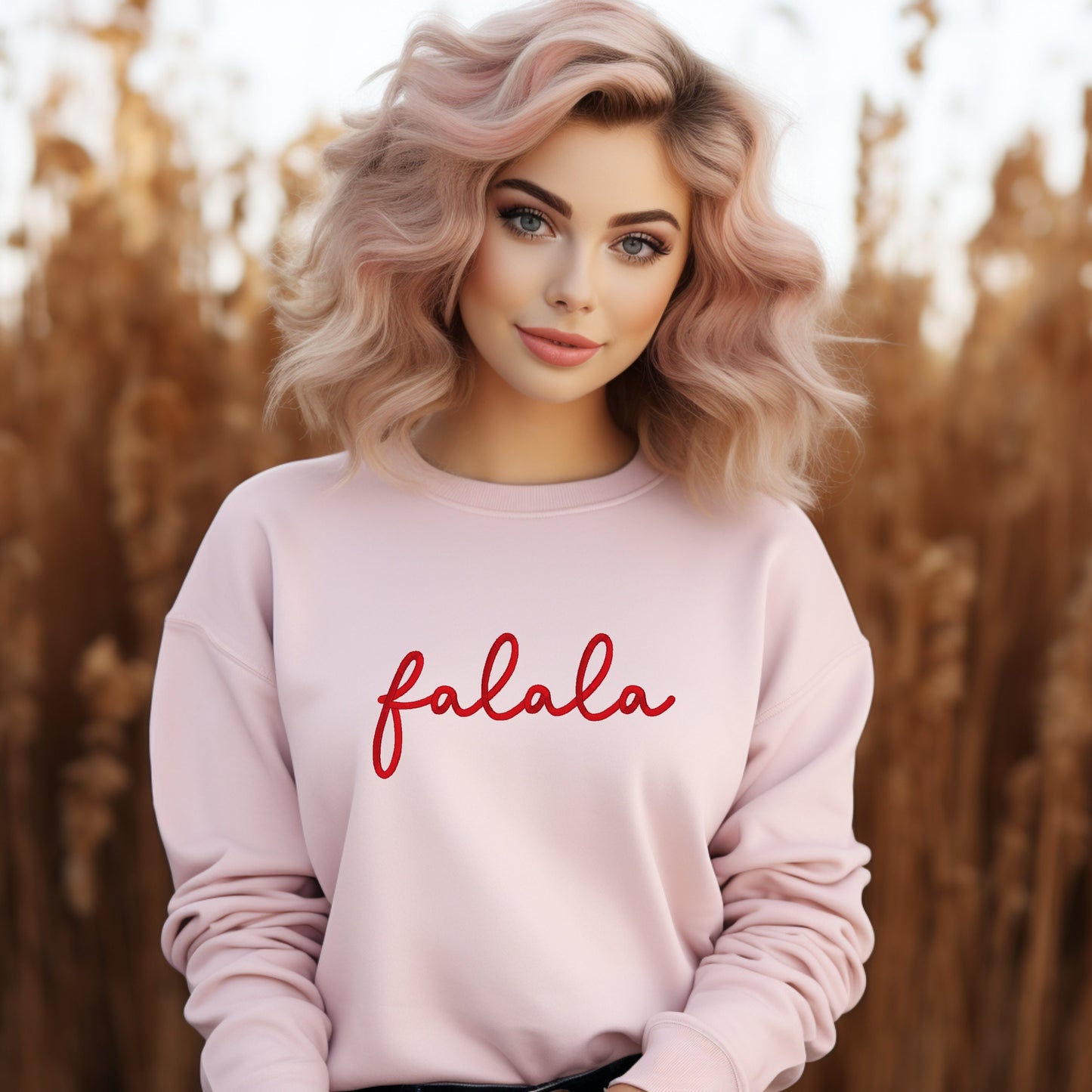 Falala - embroidered Christmas sweatshirt. Pink sweater.