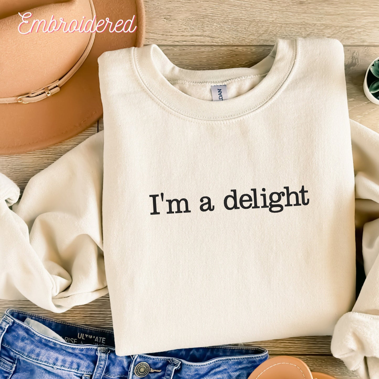 Stone fleece line cozy sweatshirt with the words "I'm a delight" embroidered on the front.