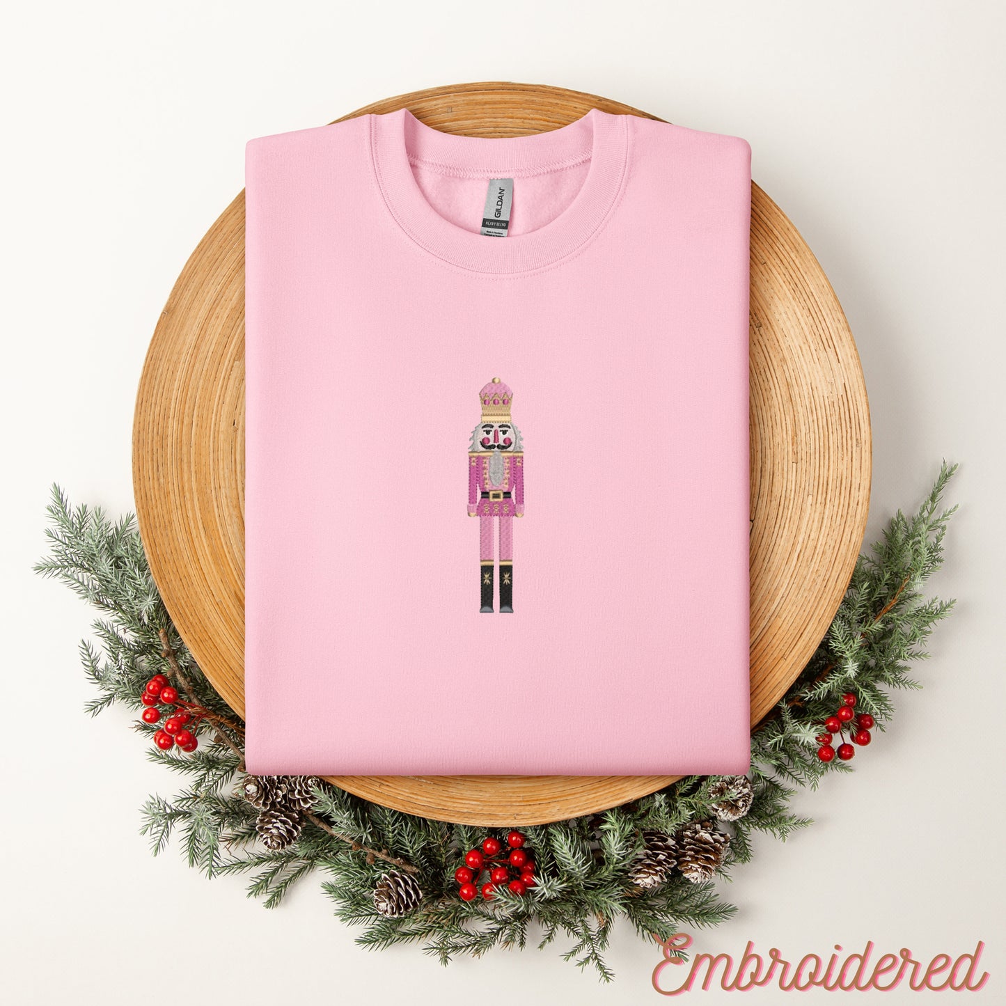 Pink Nutcracker Embroidered Fleece Lined Crewneck Sweatshirt for Christmas Cheer. Cozy Sweater for yourself or a great gift for someone else