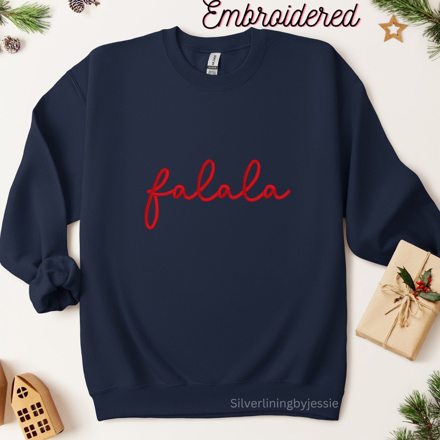 Embroidered Cozy Christmas Fleece Lined Crewneck with Bold Falala Embroidered In Red.