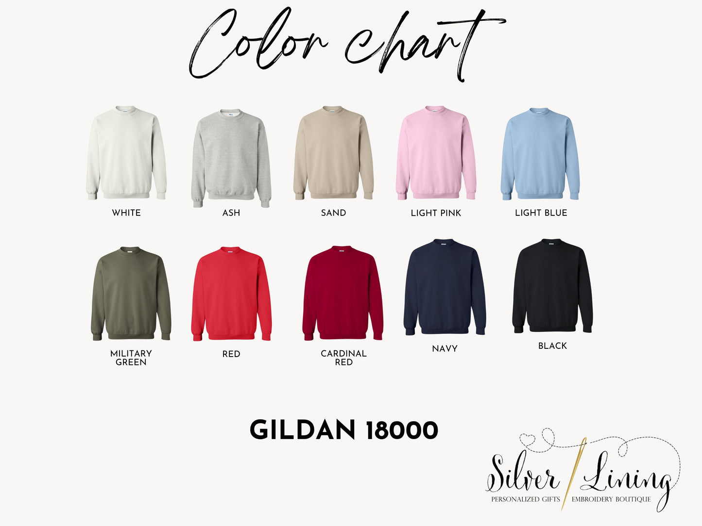 Gildan Crewneck Sweatshirt Color Chart White Ash Grey Sand Light Pink Light Blue Military Green Red Cardinal Red Navy Black