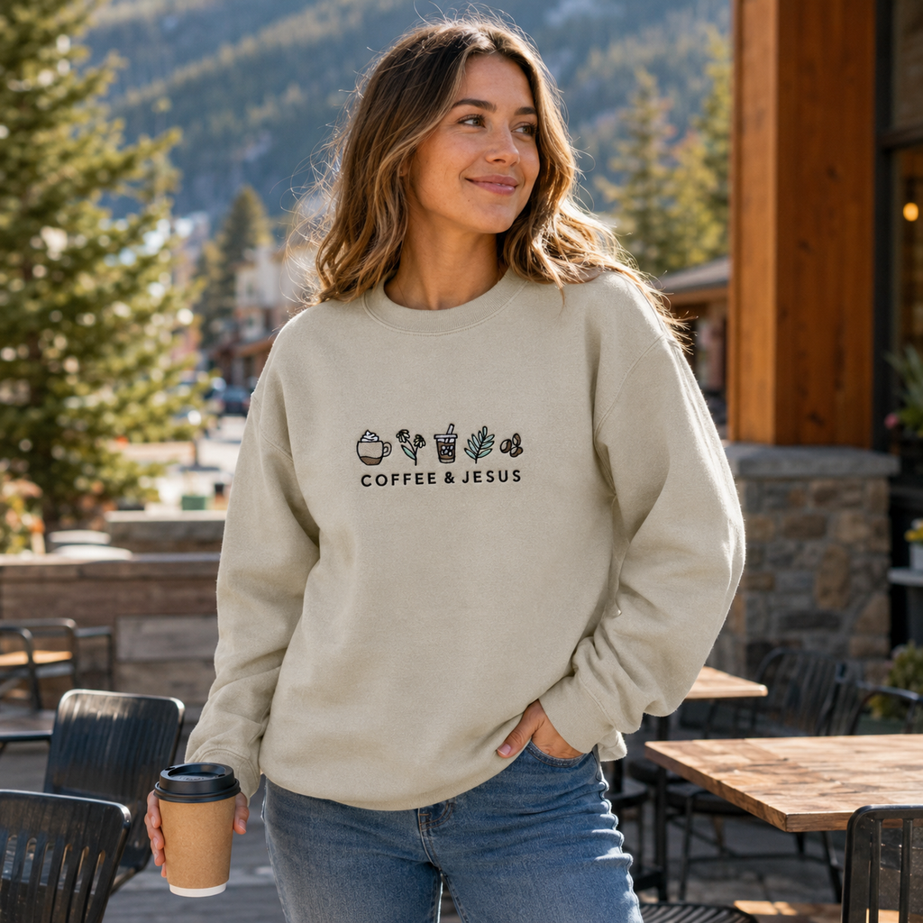 Coffee & Jesus Embroidered Sweatshirt | Gildan Christian Crewneck Gift