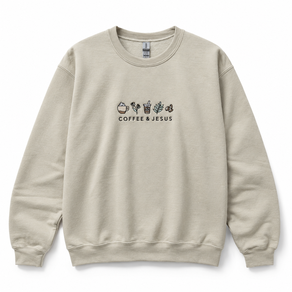 Coffee & Jesus Embroidered Sweatshirt | Gildan Christian Crewneck Gift