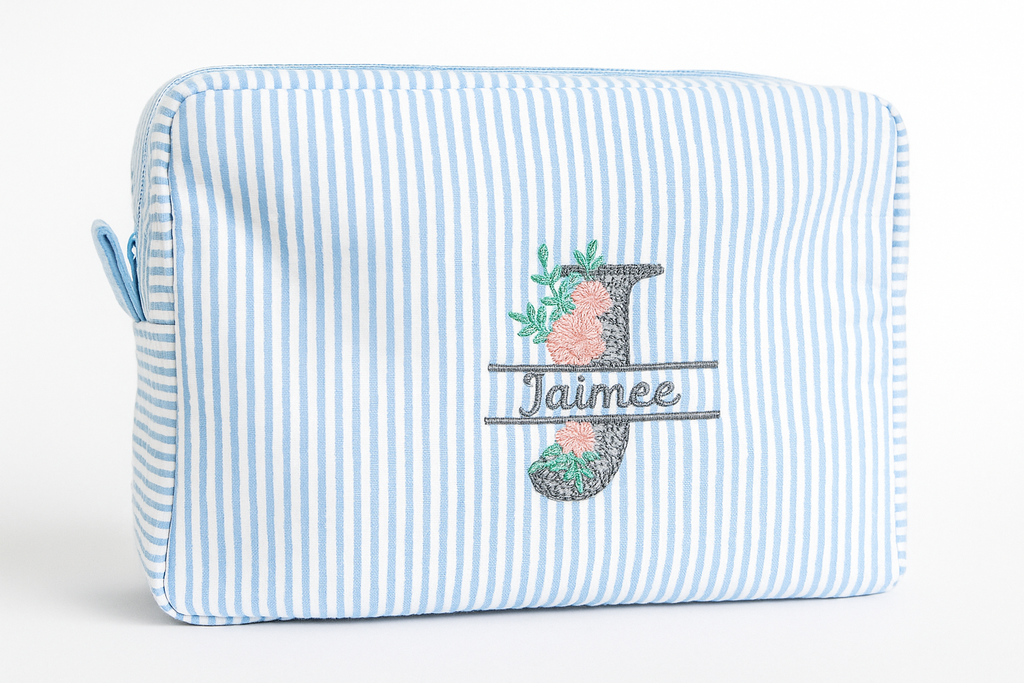 Personalized Embroidered Seersucker Toiletry/Cosmetic Bag - Split Alphabet Floral Monogram
