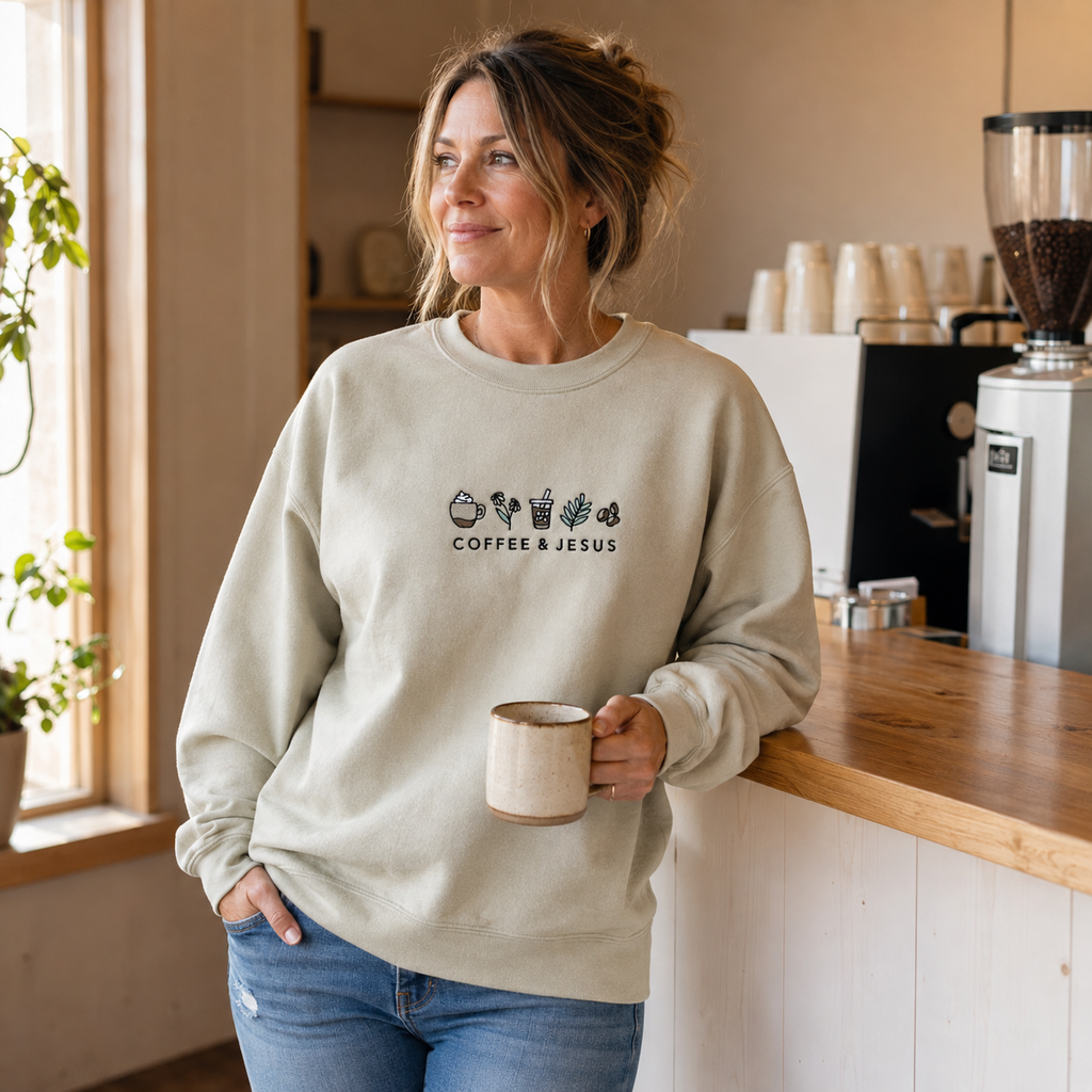 Coffee & Jesus Embroidered Sweatshirt | Gildan Christian Crewneck Gift