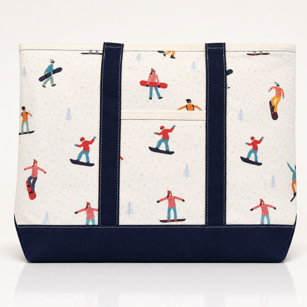 Snowboard canvas tote with colorful print, exterior pocket and reinforced navy bottom