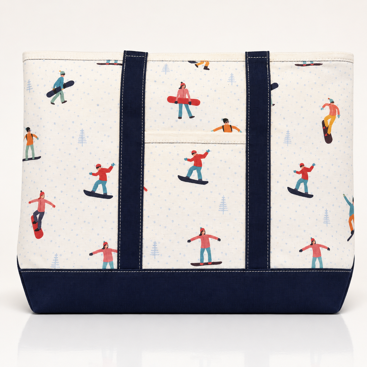 Snowboard canvas tote with colorful print, exterior pocket and reinforced navy bottom
