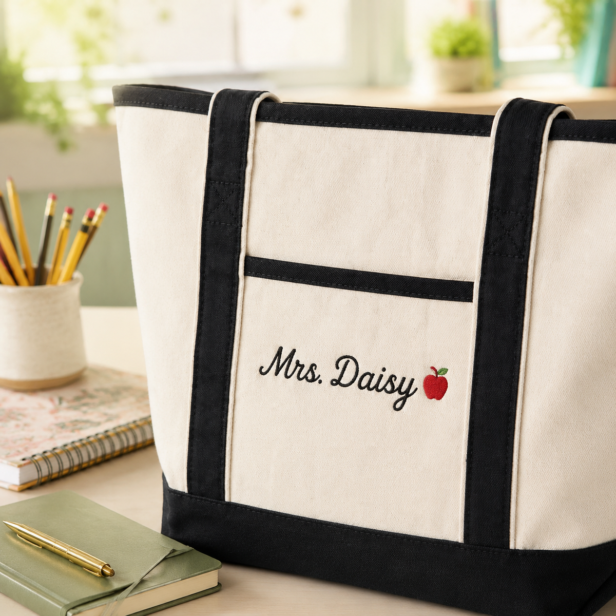 A cream canvas tote bag with black trim and handles, featuring the embroidered text 'Mrs. Daisy' and a small red apple on the front pocket, set on a desk with school supplies in a bright room.
