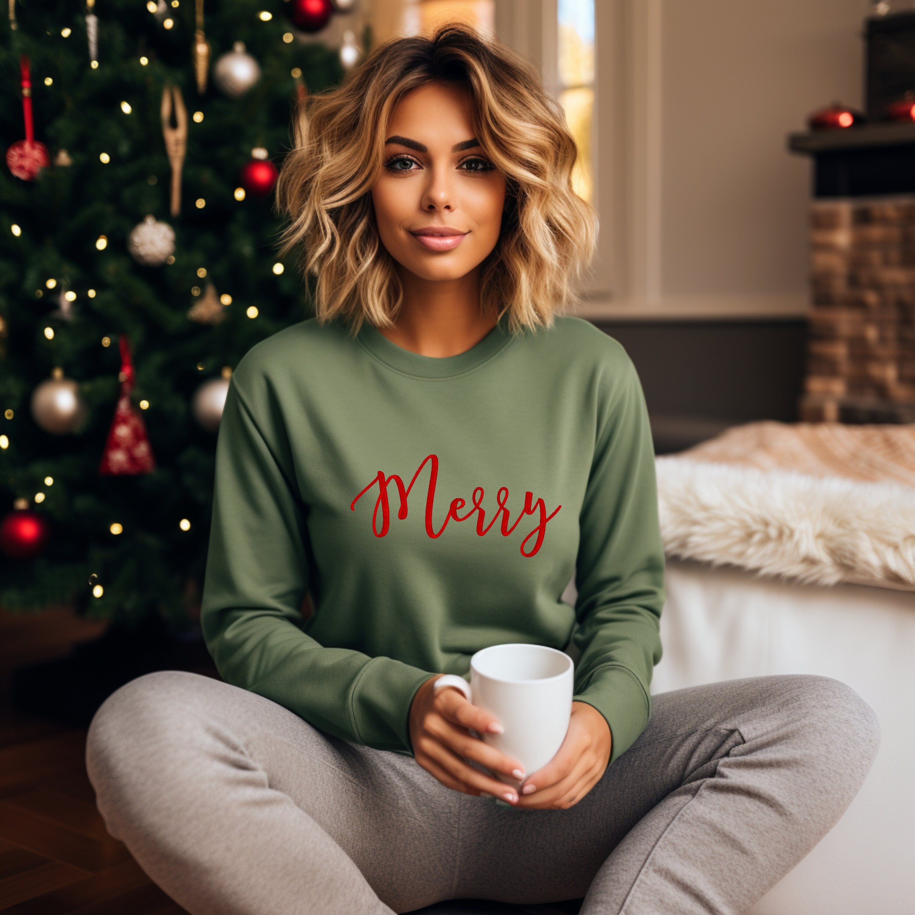 Red Merry Cozy Crewneck Sweatshirt - Fleece Lined. Christmas Pullover