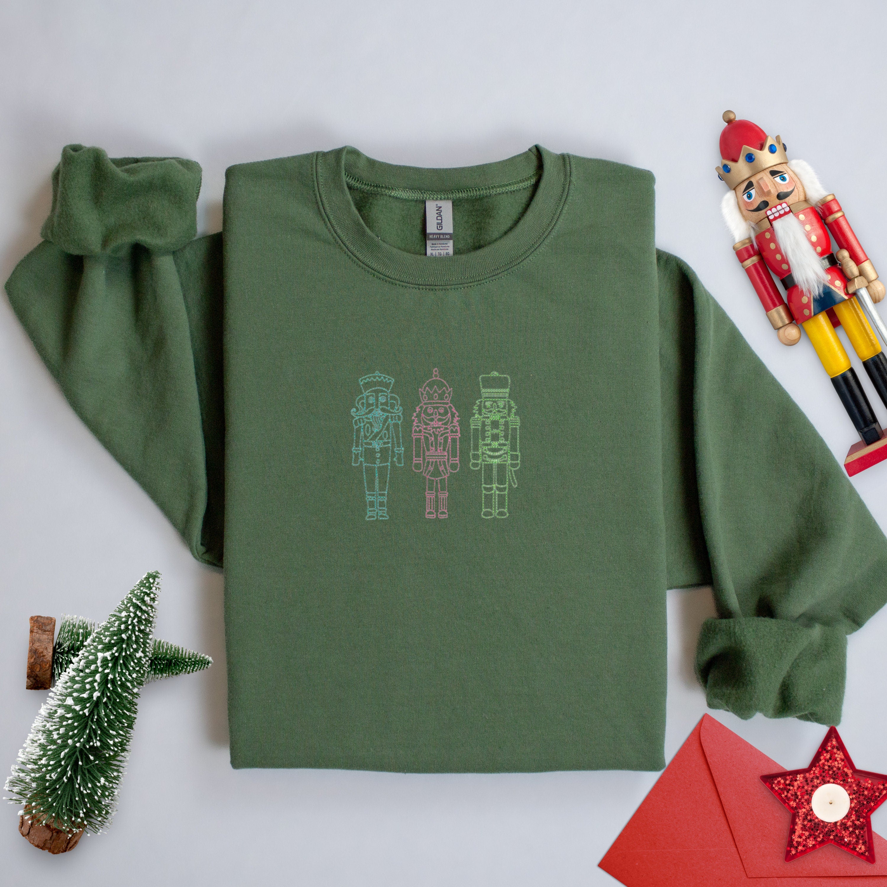 Custom Crewneck Embroidered Nutcracker Sweatshirt, Navy Blue Crewneck Christmas Sweater Gift. Fleece lined & Cozy.