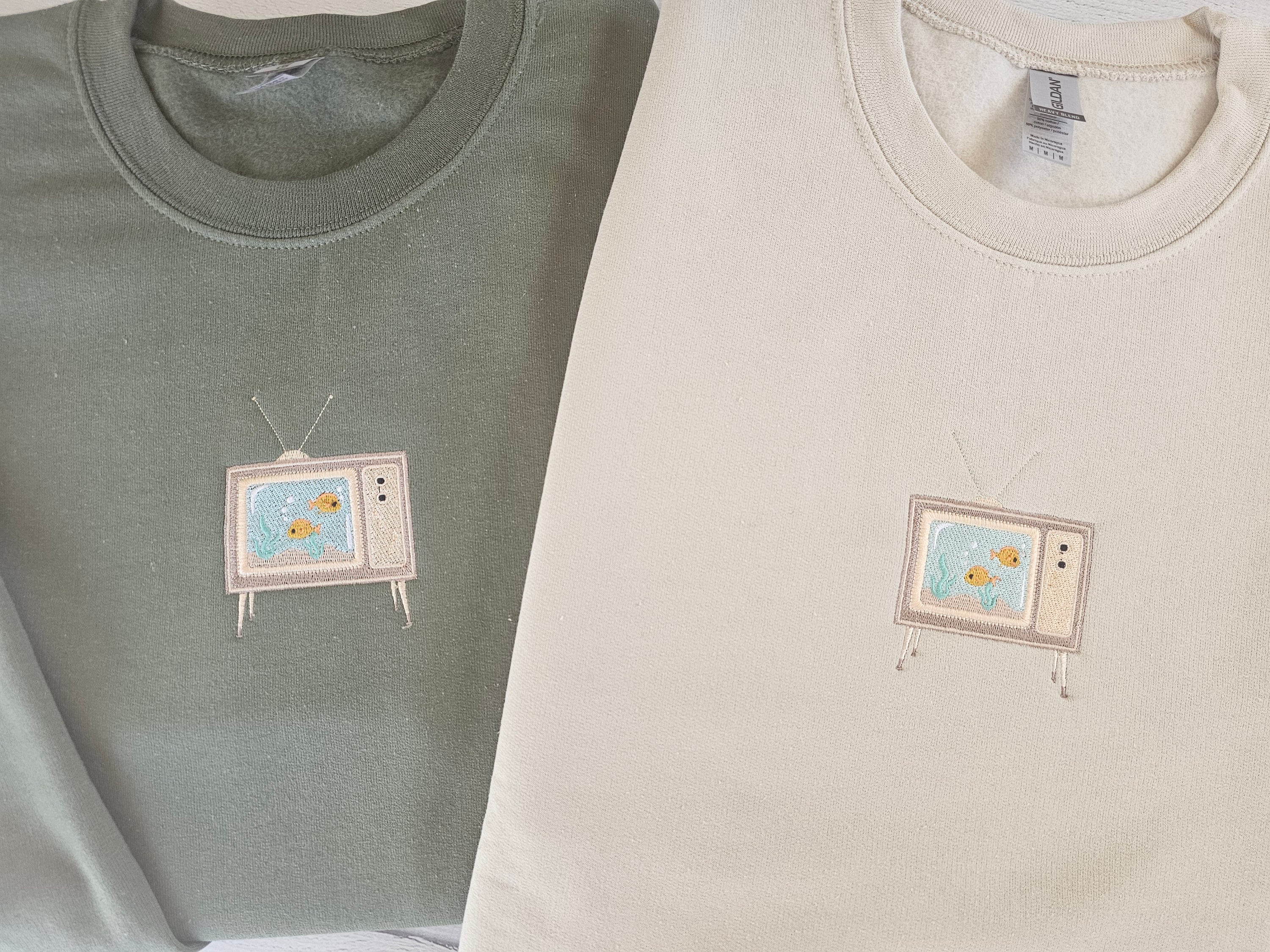 Aquarium TV Embroidered Crewneck Fleece Lined Cozy Sweatshirt. Great Couples Sweatshirt. Example shown in Stone and Green