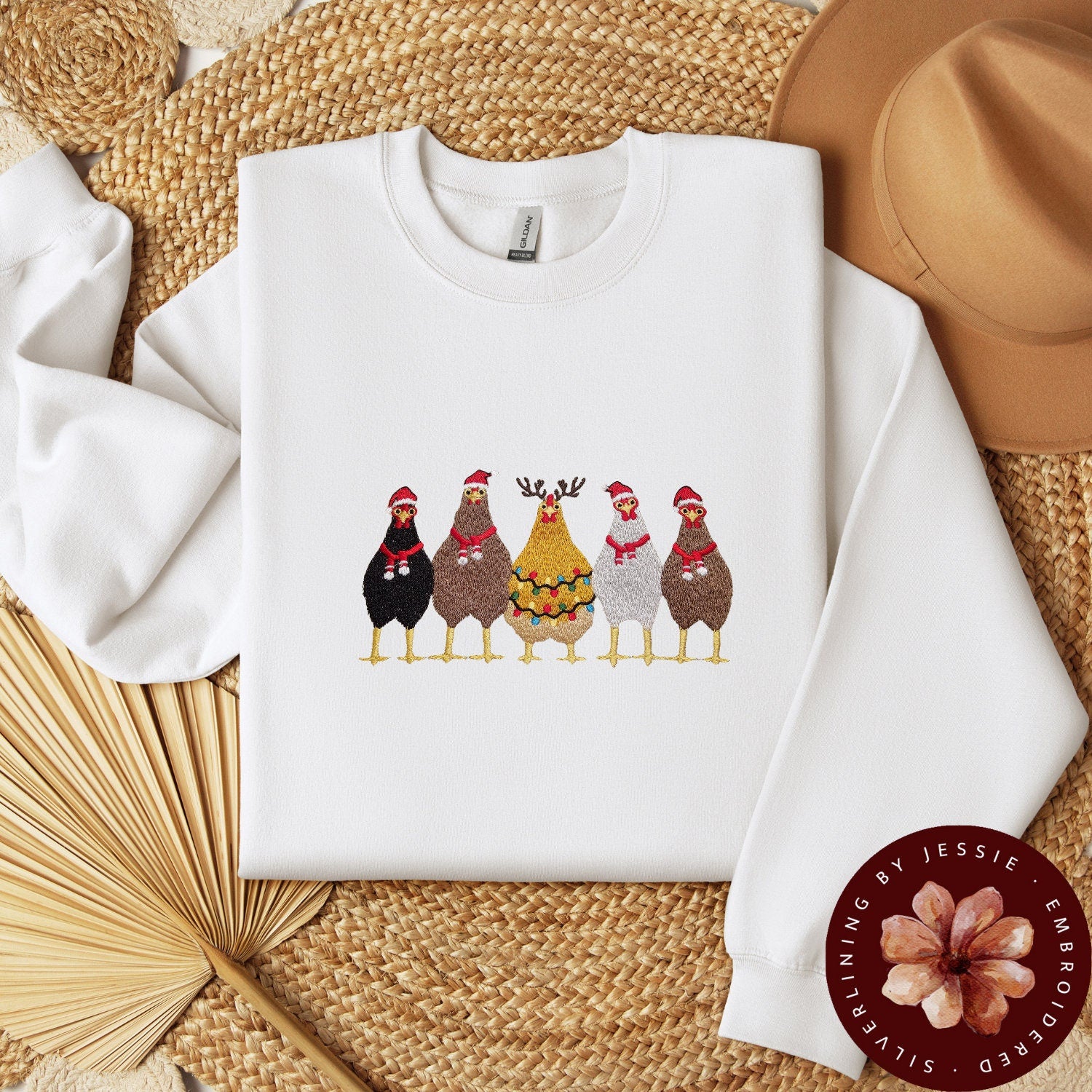 Embroidered Christmas Sweatshirt, Christmas Sweater Woman, Christmas Sweater Funny, Christmas Sweater, Christmas Chicken Sweatshirt.