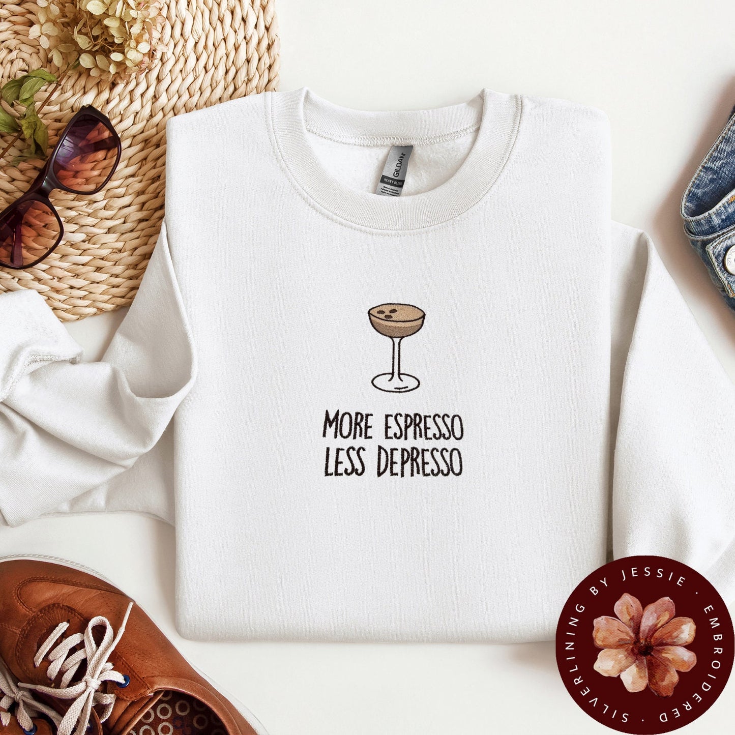 Embroidered Espresso Martini Crewneck Sweatshirt - Fleece Lined. Sassy More Espresso Less Depresso - Gift for Her or Him. Fun Sweatshirt.