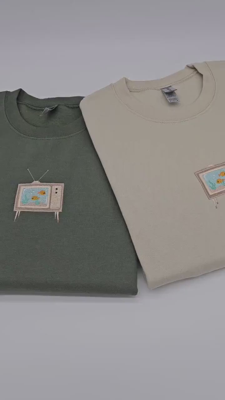 Embroidered Aquarium TV Crewneck Sweatshirt, Cozy Fleece Lined Sweatshirt - Two Fish Swimming - Trendy Cute Gift - Great couples gift.