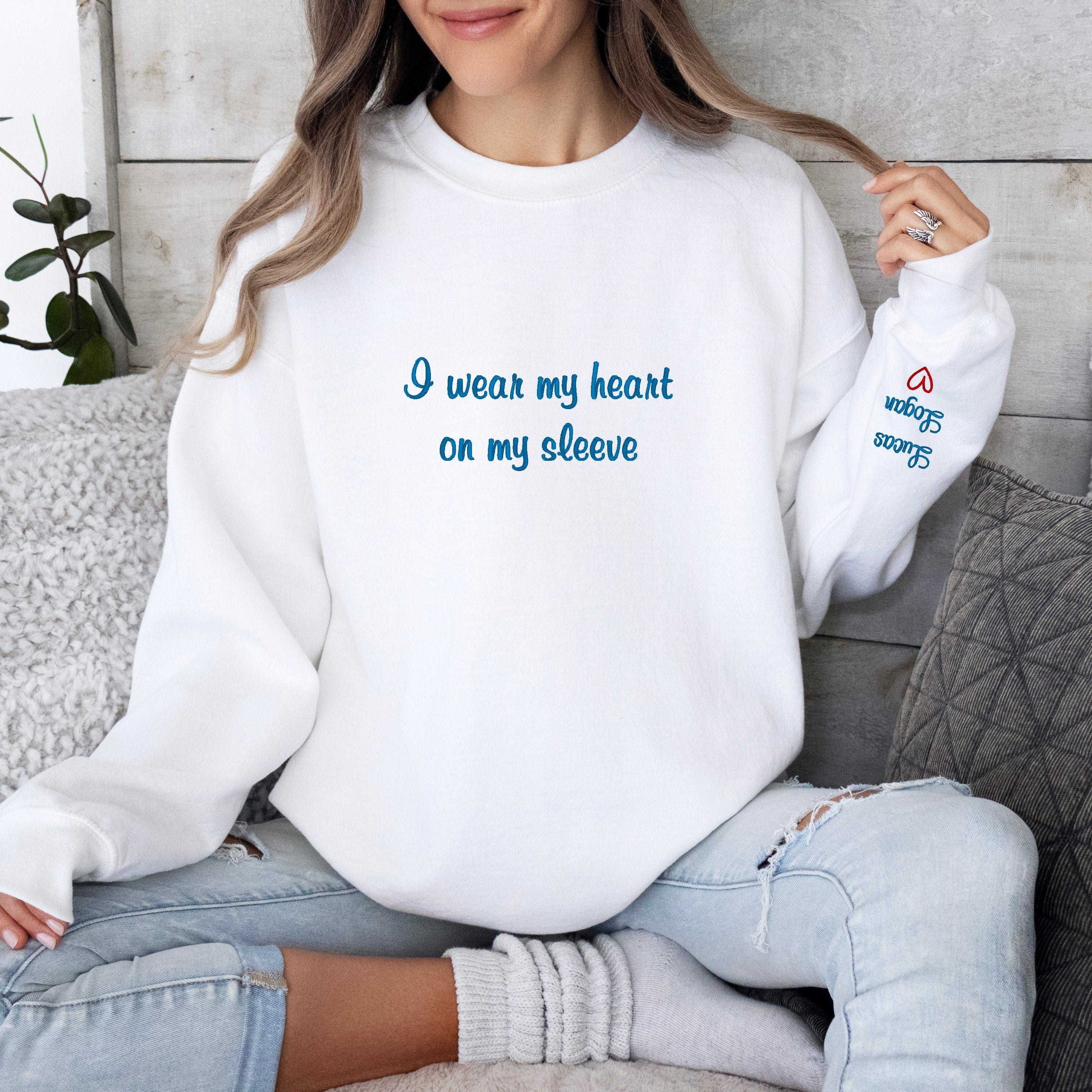 Custom embroidered sweater &quot;I wear my heart on my sleeve&quot; and kids names personalized on sleeve.